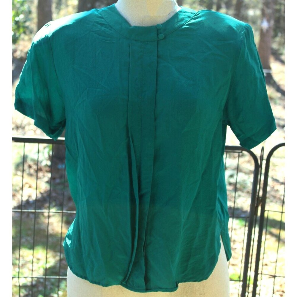 VTG 1990s Michelle Stuart Silk Shirt Women Petit Small Green Fold Tuck Casual